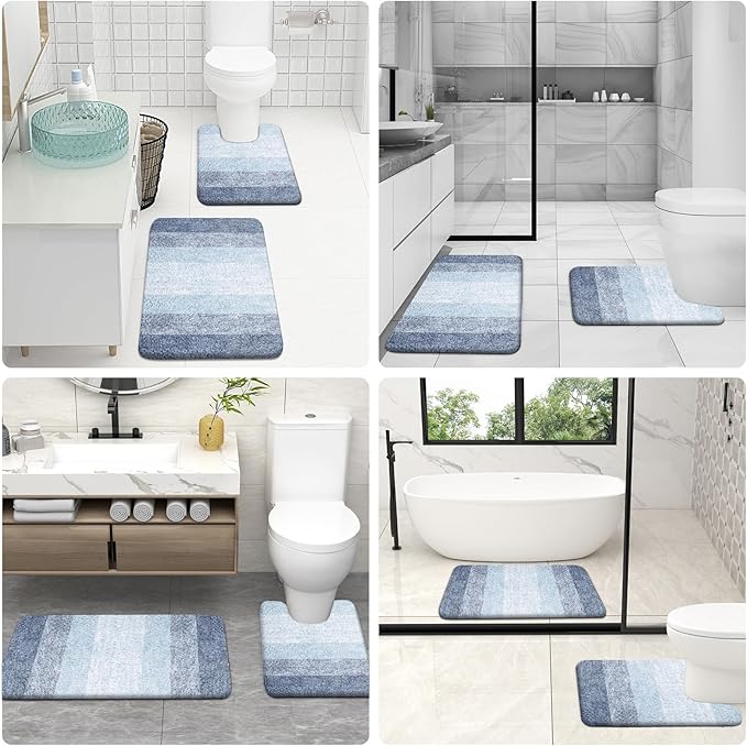 OLANLY Bathroom Rug Set 2 Piece, Soft Absorbent Microfiber Bath Mats and U-Shaped Contour Toilet Rug, Non-Slip, Machine Wash Dry, Plush Shaggy Bath Mats for Bathroom (30"x20"+24"x20", Blue)