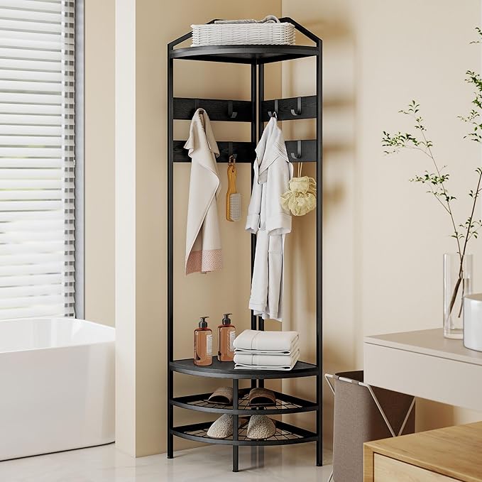 HOMCOM Corner Hall Tree, Industrial 4-Tier Coat Rack with Shoe Storage, 8 Movable Hooks and 2 Storage Shelves, Freestanding Entryway Coat Rack with Steel Frame for Hallway, Black