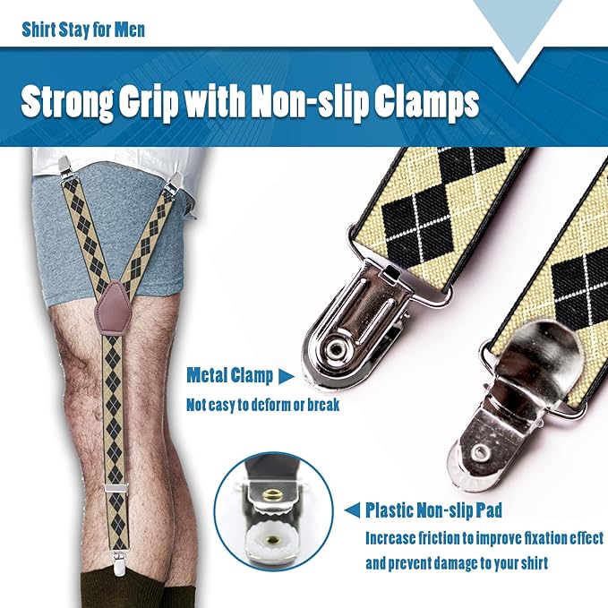 STAY GENT Y-Style Shirt Stays For Men with Non-Slip Locking Clamps and Adjustable Elastic Straps
