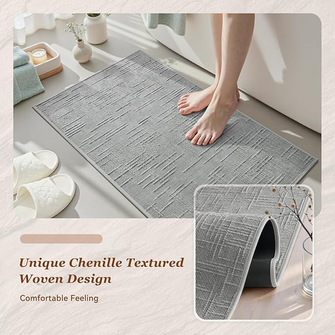 AMOAMI Bath Mat Non Slip Super Absorbent Quick Dry Bath Mats for Bathroom Floor Rubber Backing Washable Bathroom Rugs Modern Woven Jacquard Mat, Beside Tub Bath Rugs, 2'x4', LightGrey