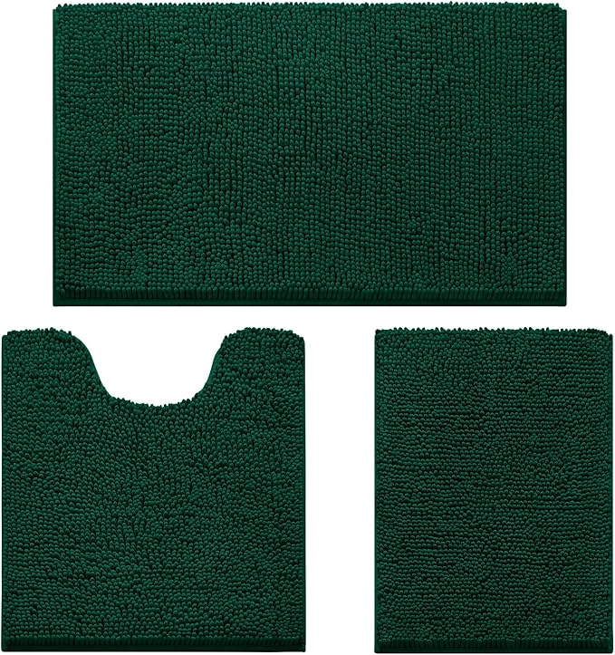 HOMEIDEAS 3 Pieces Bathroom Rugs, Ultra Soft Non Slip Absorbent Chenille Toilet Bath Mat Set (Dark Green)