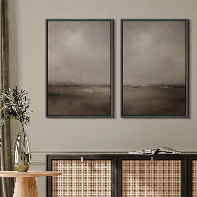 MUDECOR Framed Canvas Print Wall Art Abstract Brown and Taupe Modern Minimalist Misty Landscape Illustrations Modern Art Decorative Bohemian for Living Room, Bedroom, Office - 16"x24"x2 Black