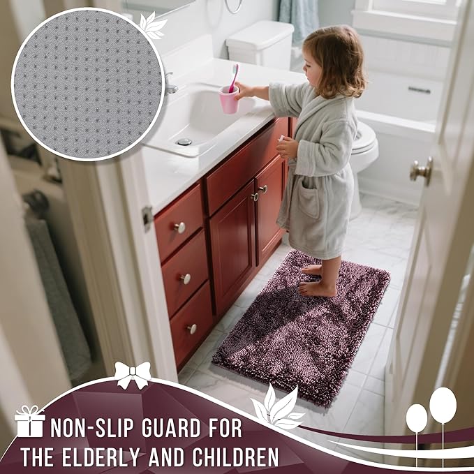 Yimobra Bathroom Rugs Sets 2 Piece, Soft Absorbent Bath Mat and U-Shaped Toilet Rug with Non Slip Backing, Luxury Shaggy Bath Mats for Bathroom, Machine Washable, 24"x17"+24"x20", Dark Purple