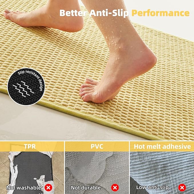 Bathroom Rugs Non Slip Washable, Super Absorbent Thin Bath Mat Small Quick Dry Low Pile Bathroom Rug, Yellow 16"x24"