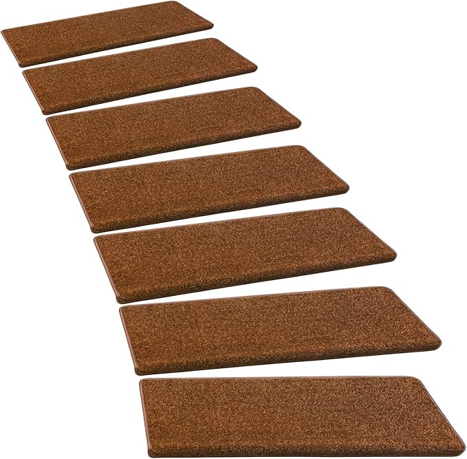 PURE ERA Bullnose Carpet Stair Treads Set Tape Free Non-Slip Indoor Stair Protectors Pet Friendly Rugs Covers Soft Skid Resistant Washable Reusable 9.5" x 30"(7 Pieces,Brown)