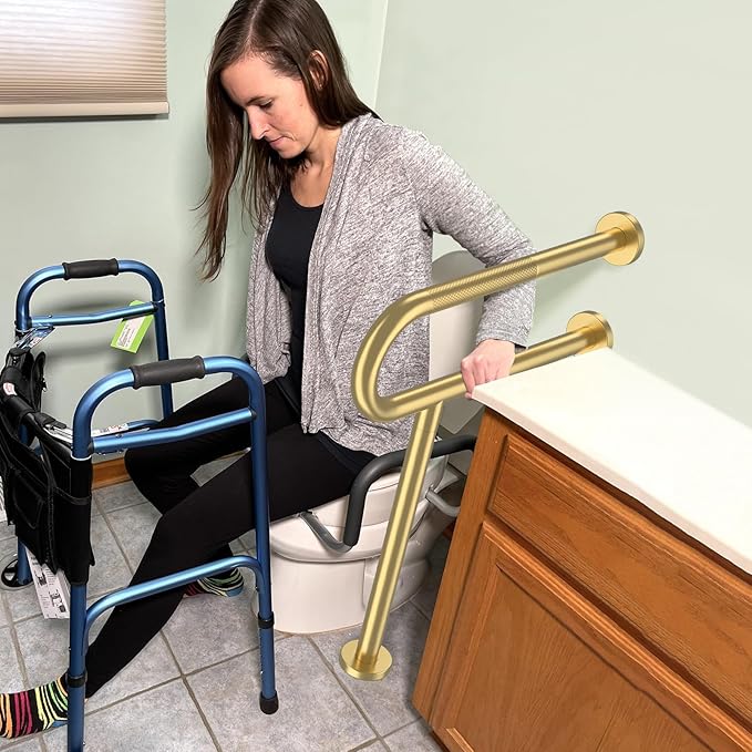 Toilet Support Rail 23.4X 28 Inch, Munzong Anti-Slip Gold Handicap Grab Bar for Bathroom, Stainless Steel Knurled Safety handrails with Leg for Elderly Disabled Pregnant-1.25’Tube