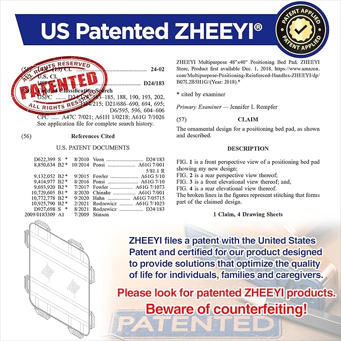Positioning Bed Pad with Reinforced Handles 43" x 36" Patient Transfer Sheet Aid Assistant for Body Lifting, Turning, Repositioning, for Elderly, Incontinence, Caregiver, Blue