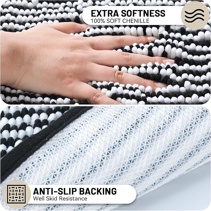 Ultra-Soft Bathroom Rug Set, 2-Piece – Absorbent, Non-Slip, Machine Washable Bath Mats for Bathroom, Shower, Sink, Kitchen （20" x 32" + 17" x 24"） Black White