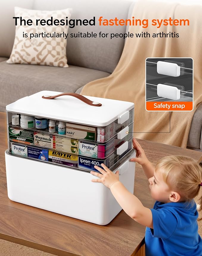 4-Tier Medicine Cabinet Organizer with Leather Handle, Empty Plastic First Aid Kit, Multipurpose Storage Box with A Portable Weekly Pill Organizer for Family Emergencies, Home, Travel, White