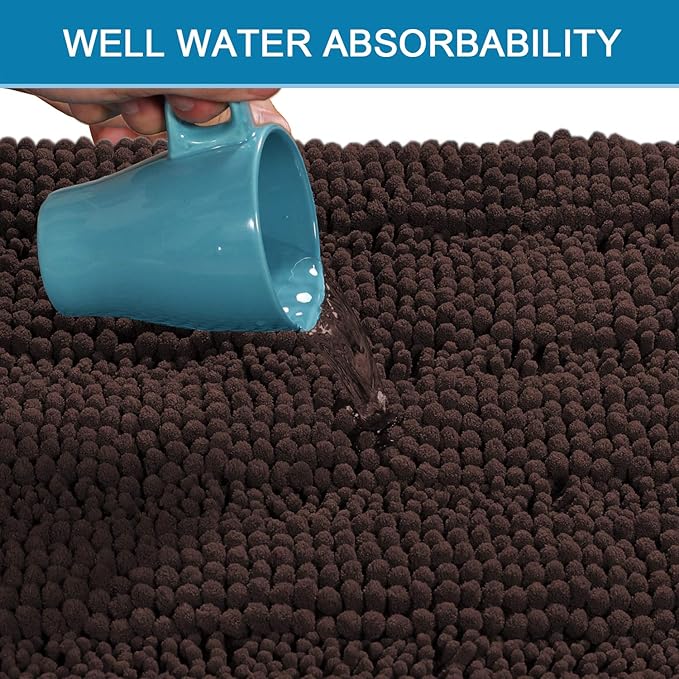 H.VERSAILTEX Bath Rugs for Bathroom Non Slip Bath Mats Extra Thick Chenille Striped Bath Rug Runners 47" x 17" Absorbent Fluffy Soft Shaggy Mats Dry Fast Plush Area Carpet for Bath Room - Chocolate