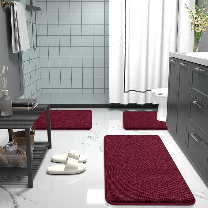 OLANLY Thick Memory Foam Bath Mat Rug 59x24, Extra Soft Absorbent Bathroom Rug, Quick Dry Bath Mats, Non-Slip, Machine Washable Carpet for Bathroom, Tub and Shower, Home Decor Accessories, Burgundy