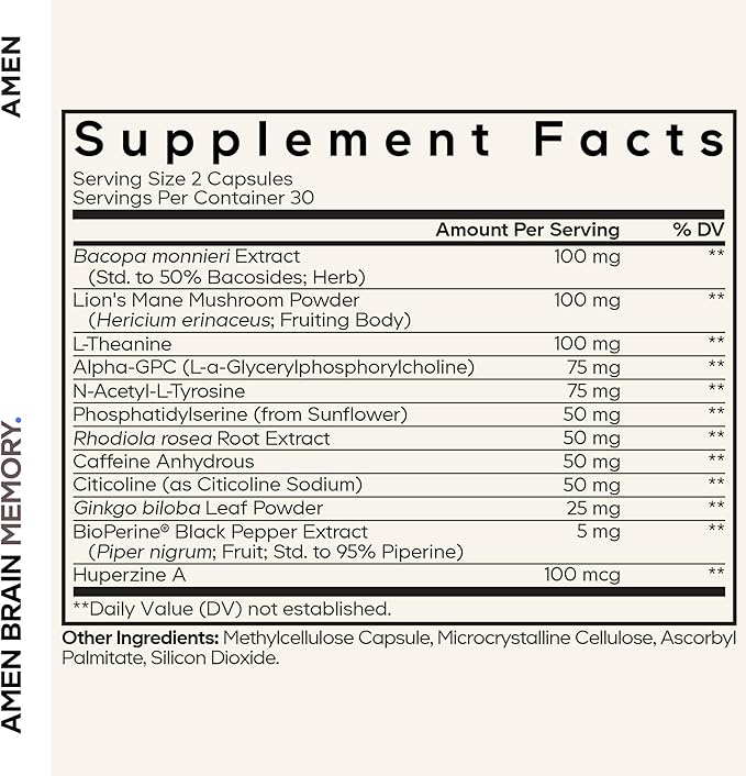 Amen Brain Memory Supplement- Bacopa, Lion’s Mane, Alpha-GPC, Citicoline, Phosphatidylserine, Rhodiola, Ginkgo, BioPerine, Huperzine A - NSF Certified Cognition & Mind Vitamins, Non-GMO - 60 Capsules
