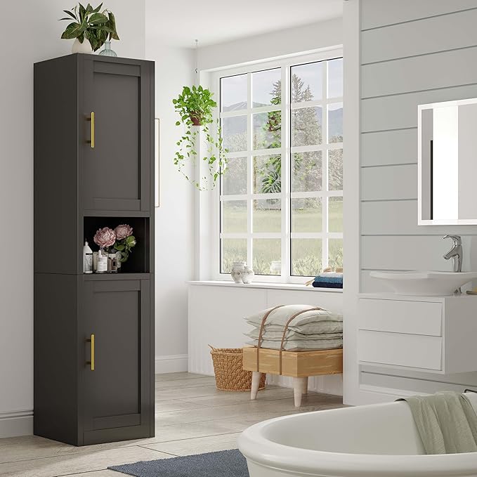67" Tall Narrow Storage Cabinet Metal Bathroom Cabinet with 2 Doors & 4 Adjustable Shelves, Standing Pantry Cabinets Cupboard for Kitchen, Dining Room, Living Room and Bathroom (Black)