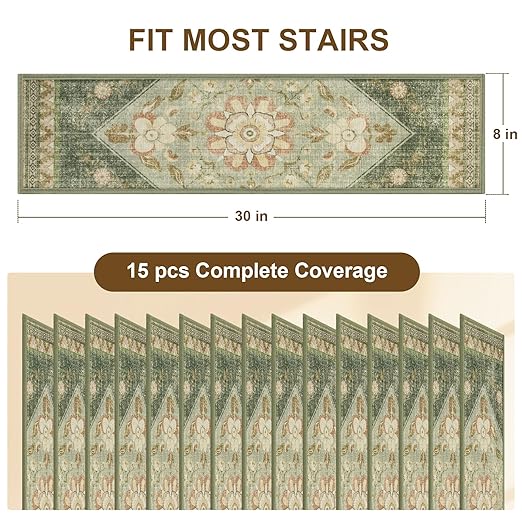 Non Slip Stair Treads for Wooden Steps Indoor, Light Green, 15pcs, 30"X8", Soft Carpet Mat, Machine Washable Boho Carpet Treads with Reusable Adhesive Backing, Safety Stair Tread for Dog, Kid, Elder