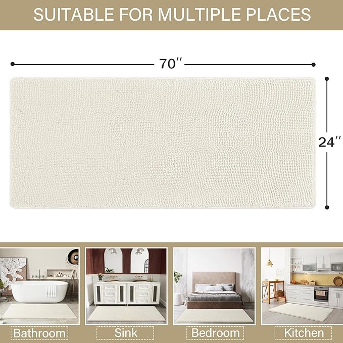 LOCHAS Luxury Bathroom Rug Shaggy Bath Mat 24 x 70 Inch, Washable Non Slip Bath Rugs for Bathroom Shower, Soft Plush Chenille Absorbent Carpets Mats, Cream White
