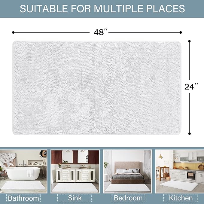 LOCHAS Luxury Bathroom Rug Shaggy Bath Mat 24 x 48 Inch, Washable Non Slip Bath Rugs for Bathroom Shower, Soft Plush Chenille Absorbent Carpets Mats, White
