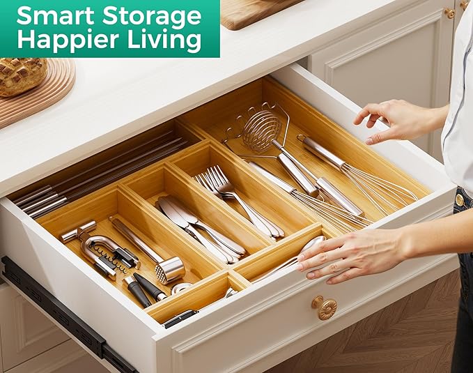 Small Bamboo Kitchen Drawer Organizer Boxes – 6" x 3" Stackable Wood Silverware Utensil Tray for Drawers Bins Cutlery & Flatware Storage – Wooden Organizers Set of 2 for Junk Drawer, Bathroom, Rv