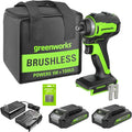 Greenworks 24V Brushless Cordless Impact Driver Kit, 1950 in./lbs Torque, 1/4'' Hex Collet, Variable Speed, 2×2Ah Batteries with 2A Charger, LED Light, 8pcs Drill/Driver Bits with Tool Bag