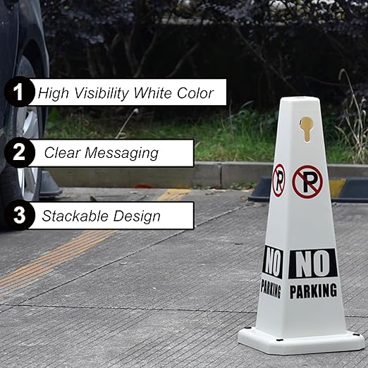 OrangeStar 8-Pack No Parking Cones, 4-Sided Message Safety Traffic Cones with Heavy Rubber Base for Indoor/Outdoor Use, White