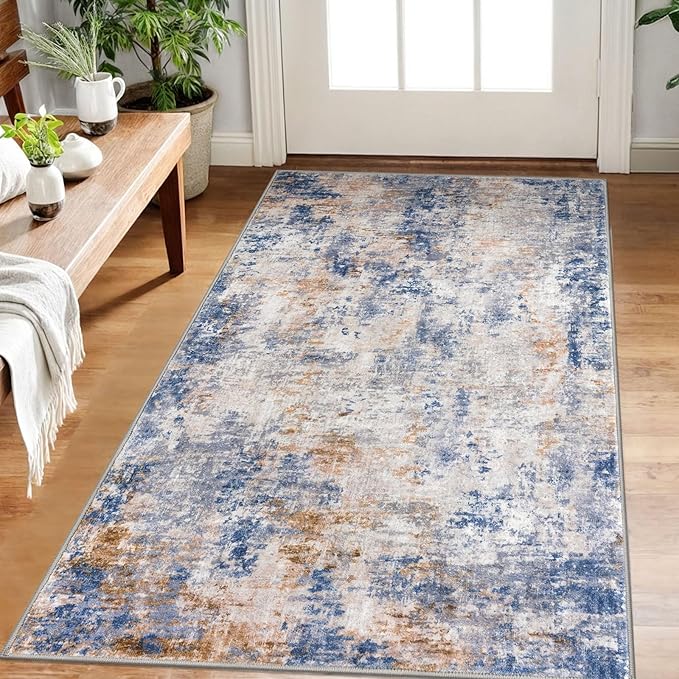 Modern Abstract Small Area Rug Indoor, Grey Blue Orange Multi 3x5 Washable Rug Non-Slip Soft Entryway Rug Kitchen Mats Thin Print Faux Wool Floor Carpet Colorful Throw Rugs for Entrance Bedroom