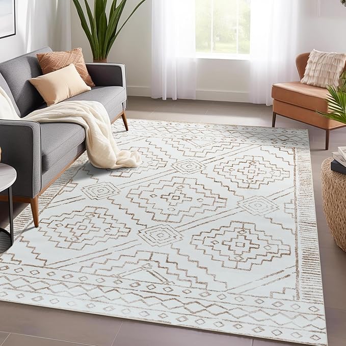 jinchan Moroccan 5x7 Area Rugs for Bedroom - Machine Washable Soft Modern Geometric Stain Resistant Non-Slip Ultra-Thin Low-Pile Faux Wool Carpet for Living Room Kitchen Dining Room (5x7ft, Taupe)