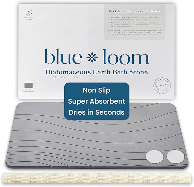 Blue Loom Stone Bath Mat, Premium Non-Slip Diatomaceous Earth Bathmat, Absorbent and Quick Drying to Elevate Your Bathroom, Dry Floor or Kitchen, Easy to Clean Spa Experience 15.3" x 23.6" - Grey