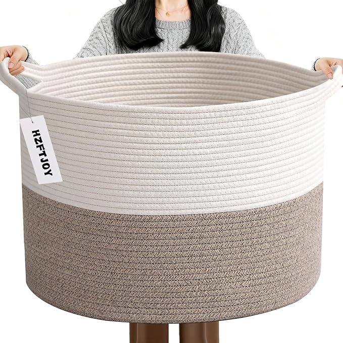 Large Storage Basket with Handle,19.7" L x 19.7" W x 13" H Blanket Basket Storage Bins for Organizing,65L Cotton Rope Woven Baskets for Living Room, Nursery ,Bedroom,White&Brown