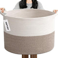 Large Storage Basket with Handle,23.6" x 23.6" x 15.7" Blanket Basket Storage Bins for Organizing,65L Cotton Rope Woven Baskets for Living Room, Nursery ,Bedroom,White&Brown