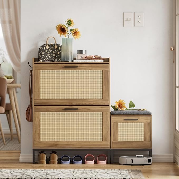 Maupvit Shoe Storage Cabinet with Bench,Rattan Entryway Shoe Storage Bench with 2 Flip Drawers and Hanging Hooks,Narrow Slim Shoe Cabinet for Entryway,Living Room,Hallway,Rustic Oak