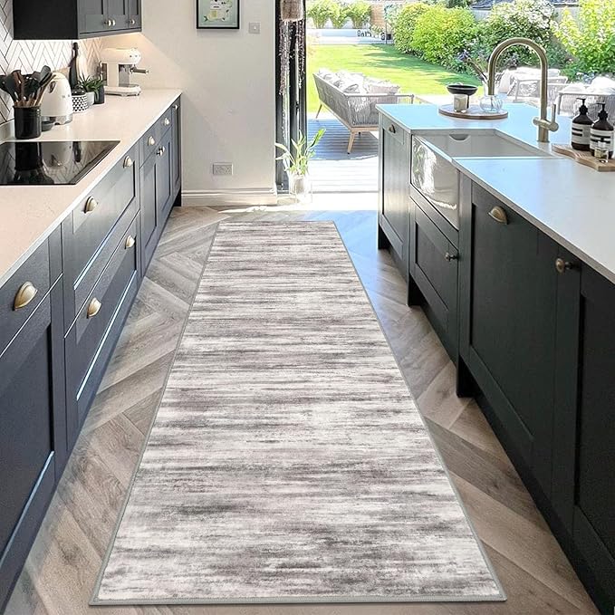 KOZYFLY 3x10 Ft Rug Modern Ombre Runner Rug for Hallway, Washable Kitchen Rugs Non-Slip Soft Striped Entryway Rug, Print Grey-Beige Abstract Carpet for Laundry Nursery