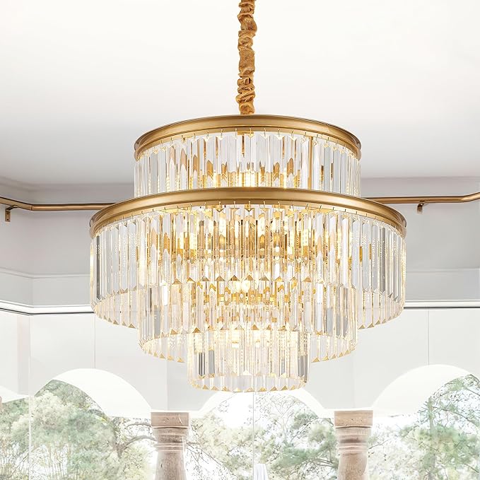 21.6" 14-Light Modern Crystal Chandelier Light Fixtures 4-Tier Gold Luxury Chandeliers for Dining Room Round Hanging Pendant Lighting for Living Room Kitchen Entryway Bedroom Foyer Hallway