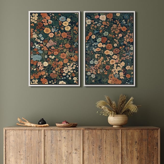 MUDECOR Framed Canvas Print Wall Art Vintage Floral Botanical Colorful Wildflowers Illustrations Modern Art Decorative Bohemian Colorful for Living Room, Bedroom, Office - 24"x36"x2 White