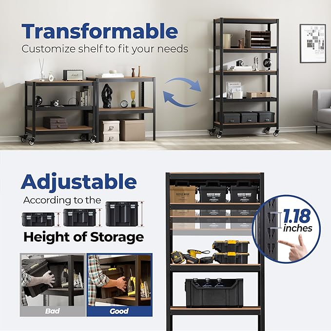 HOMEDANT House 5-Tier Metal Rolling Cart Shelf Rack Casters Heavy Duty Laminated Wheel Shelving Unit Adjustable Utility Storage Shelves Organizer Shelf Kitchen Garage (2, (M) 36.2" W, Black)