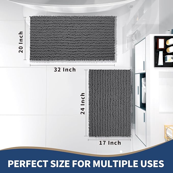 Yimobra Bathroom Rugs Sets 2 Piece - Quick Dry Extra Thick Luxury Chenille Bath Mat, Non Slip Super Absorbent for Tub Shower Sink, Machine Washable Shaggy Floor Mat, 32"x20"+24"x17" Inch, Dark Grey