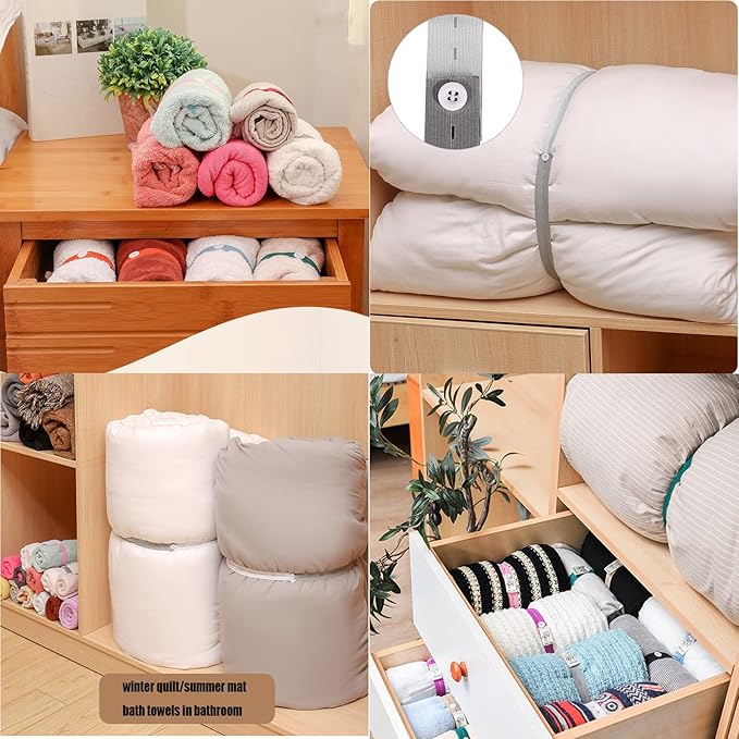 Elastic Band with Buttonholes, 20Pcs Closet Organizer for Bed Sheet, Clothes Organization System for Drawer, Blanket Storage Band, Wardrobe Space Saver for Bedding Comforter Sweater Towel, White
