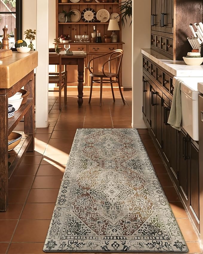DEXI Kitchen Mats for Floor Cushioned, 23x86 Extra Large Long Runner Rug Non Slip, Waterproof Soft Comfort Standing Padded Anti Fatigue Decorative Cream Red