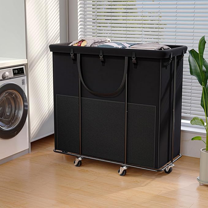 320L Laundry Hamper with Wheels, Rolling Laundry Basket with Metal Frame and Removable Bag, Large & Tall Dirty Clothes Hampers for Bedroom Aesthetic, Laundry Room, Bathroom, Dorm-Black
