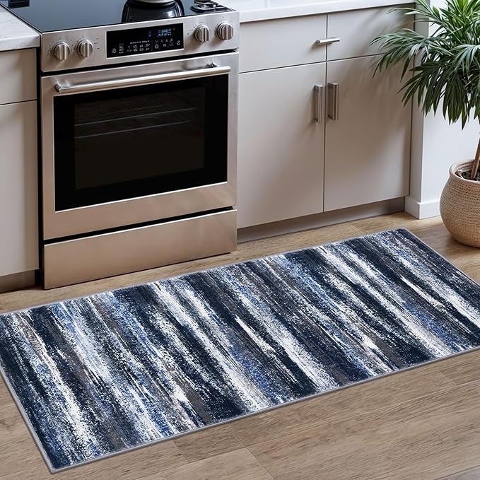 Modern Abstract Runner Rug 2x5, Navy Blue Washable Entryway Kitchen Runner Non-Slip Soft Hallway Rug Runner Thin Print Faux Wool Carpet for Bedroom Laundry Room Indoor