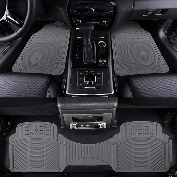 Amazon Basics Universal PVC Faux Rubber Car Floor Mats, All Weather Protection, Waterproof Flexible Trim to Fit for 95% Automotive SUV Sedans Trucks, Charcoal Pure Grey Solid Gray, Pack of 3