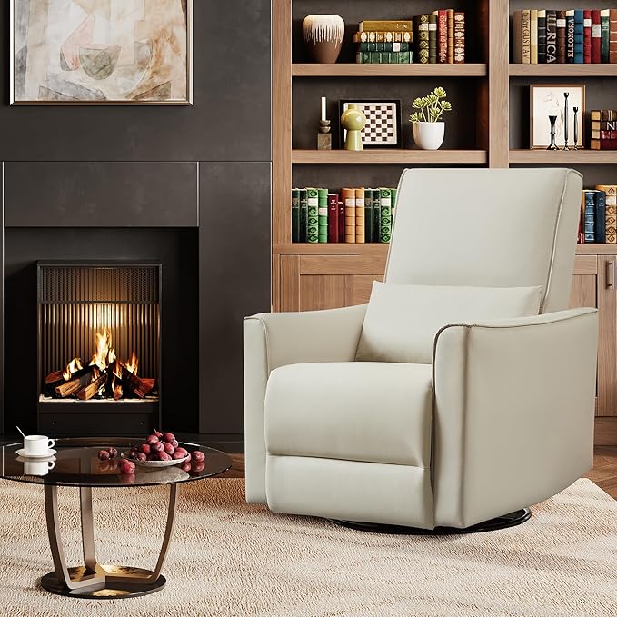 IDEALHOUSE Swivel Rocking Nursery Recliner Chair Rocker Recliner Glider Deep Seat PU Leather Sofa Chair with high Backrest for Nursery, Living Room, Bedroom & Home Movie Theater (Beige)
