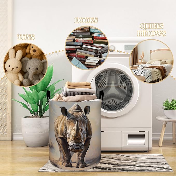 Strong Rhino Desert Wilderness Laundry Basket, Dorm Nursery Foldable Laundry Hamper Organizer for Bathroom Decor, Toy Clothes Storage Box for Bedroom 19.7x15.7 Inch