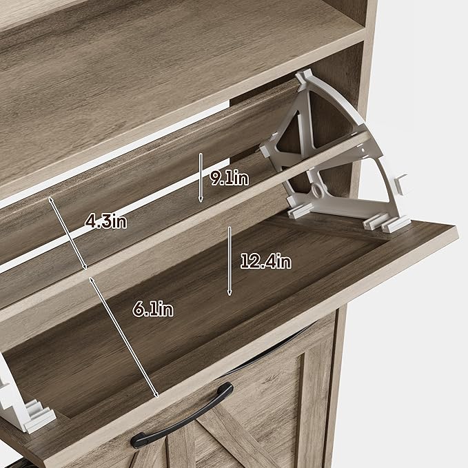 Shoe Cabinet with 4 Flip Drawers,Farmhouse Shoe Storage Cabinet for Entryway,Narrow Freestanding Organizer Rack with Open Shelves for Foyer,Hallway,Grey