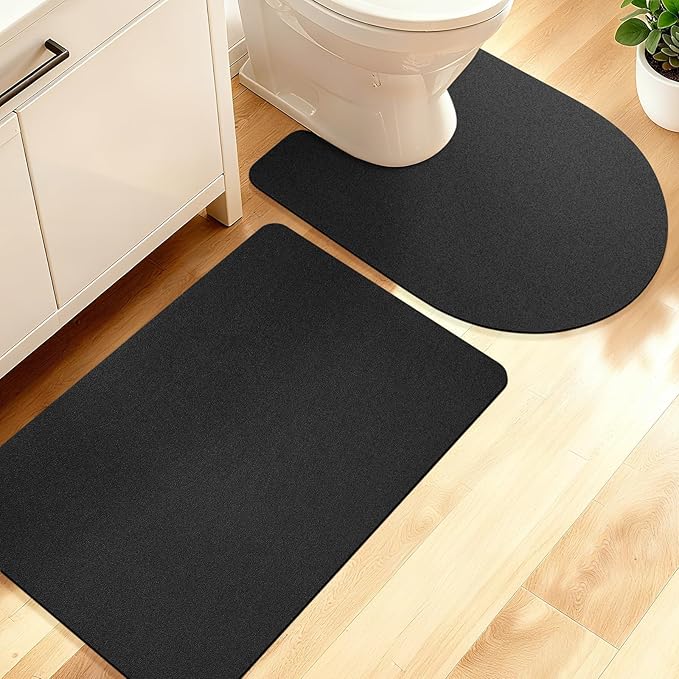 Ultra Thin Bath Mat, Upgrade Backing Non Slip Thin Bath Mats Fit Under Door, Quick Dry Ultra Absorbent Bathroom Rugs, Machine Washable Bath Rugs for Bathroom, Bathtub & Kitchen, Black/Solid/2 Piece