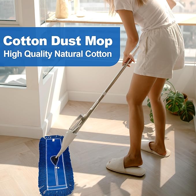 iDeaology 4 Pack - 24-Inch Washable Dust Mop Heads – Full Cloth, Extra Durable, Easy Button - No Clinging to Hair or Fur, Easy to Use Replacement for Commercial and Home Cleaning