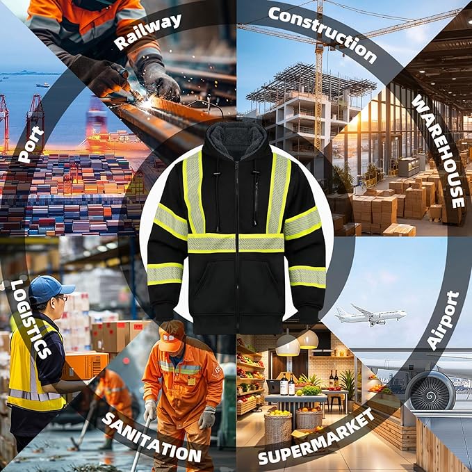 Hi Vis Hoodie Reflective Safety Jacket for Men,Class 3 High Visibility Sweatshirt Zipper for Work Construction