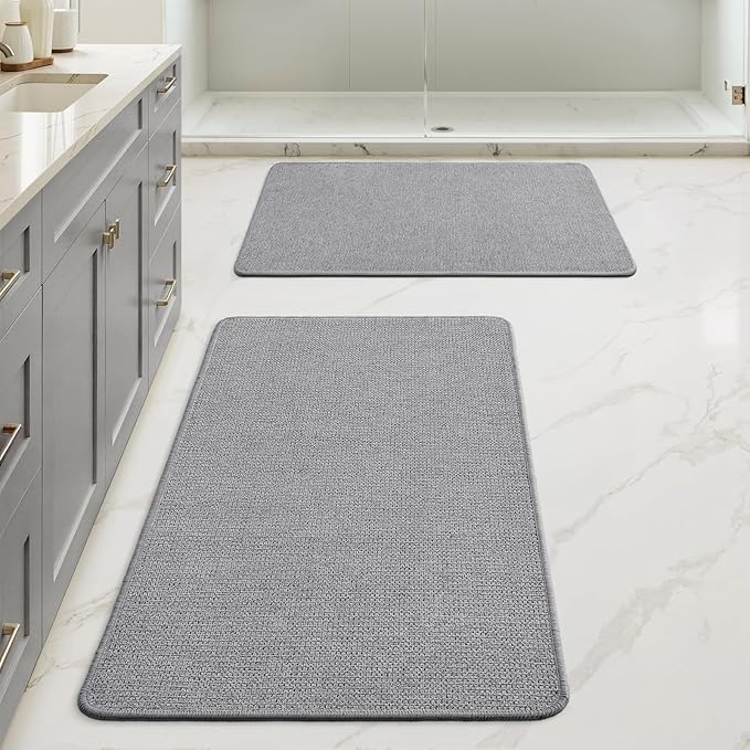 MIULEE Set of 2 Ultra Thin Bathroom Rugs, Rubber Bath Mats for Bathroom Non Slip, Quick Dry Absorbent Bath Rug Machine Washable, Fit Under Door, Shower, Sink, Home Decor, Grey, 20x32 Inch