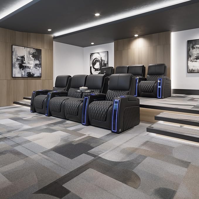 Seatcraft Apex Home Theater Seating, Living Room, Powered Headrest, Powered Lumbar, Powered Recline, Italian Leather, USB Charging, Single Recliner, Black