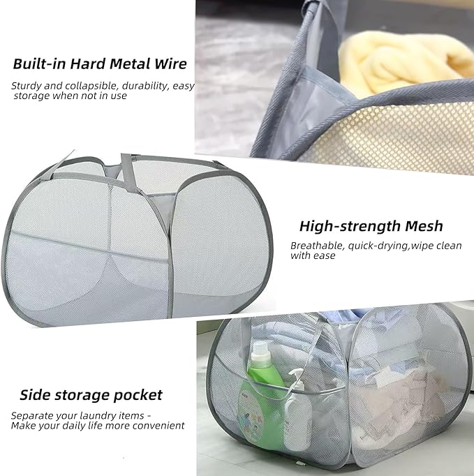 Collapsible Laundry Basket 90L, Foldable Mesh Pop-up Laundry Hamper with Handles, Dirty Clothes Hamper for Laundry with Side Storage Pocket