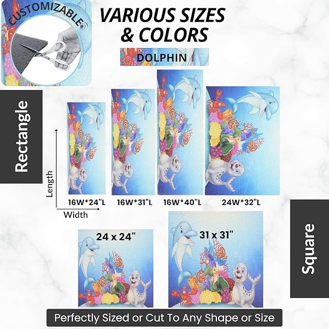 Enkosi Loofah Non-Slip Shower Mat - Shower Floors, Bathtub, Bathrooms, Wet Areas - Cushioned Bath Mat with Drain Holes - Quick Dry PVC, Secure Safety Pad Without Suction Cups (32x24 Dolphin)
