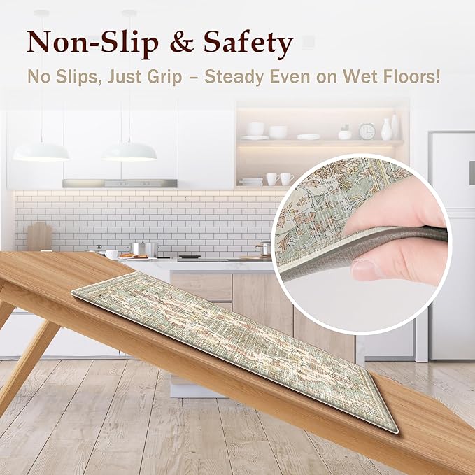 Boho Kitchen Mats for Floor 2 Piece Set Anti Fatigue Cushioned PVC Kitchen Rugs Non Slip Waterproof Farmhouse Mats 2/5 Inch Comfort Standing Mat for Sink, Laundry, 17.3"x47"+17.3"x28", Green Beige